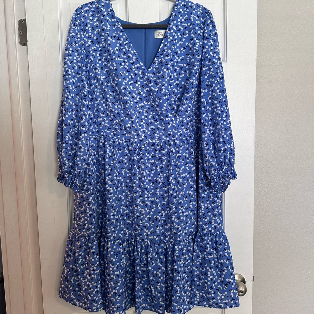 Eliza J Blue White Cherry Ruffle Faux Wrap Mini Dress